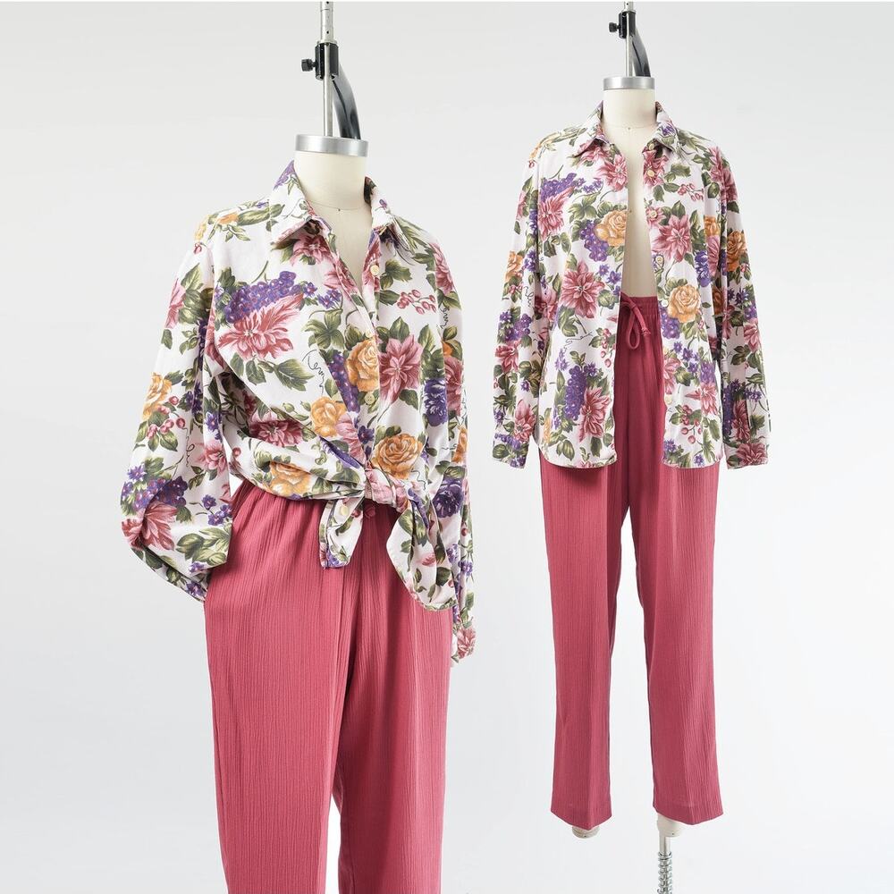 Vintage 90s Floral Grape Vine Print Shirt Cotton Corduroy Collared Blouse size M